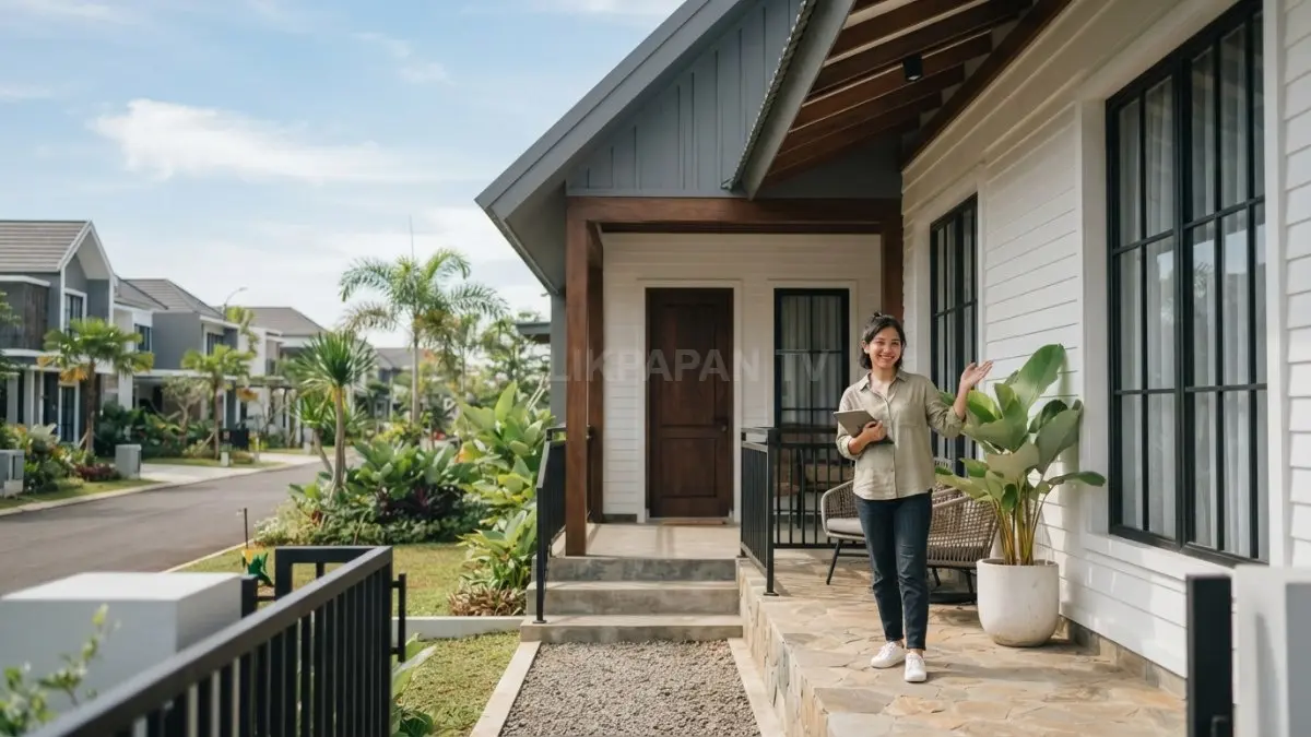 Jendela grid tinggi berpadu fasad putih dan kusen gelap memperkuat karakter Modern Farmhouse Cottage yang elegan. (BTV/AI)