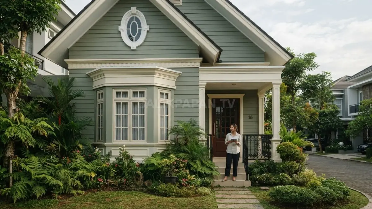 Jendela oval pada fasad Modern Victorian menghadirkan aksen romantis, elegan, dan pencahayaan alami. (BTV/AI)