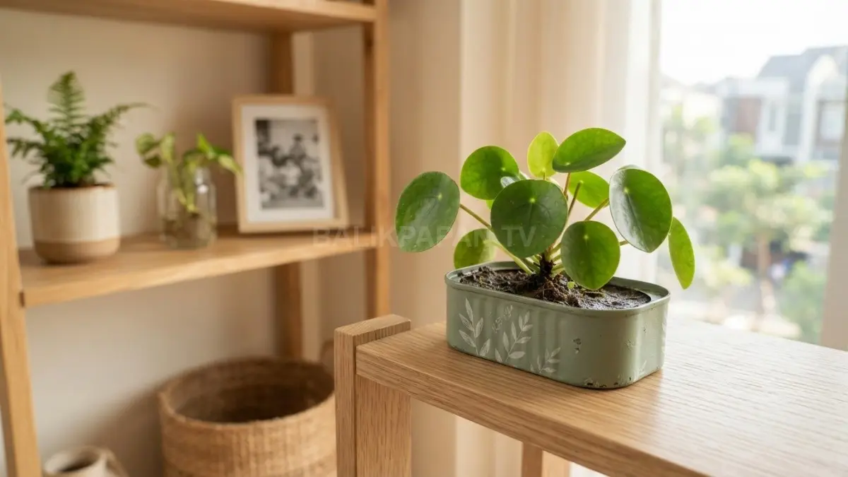 Kaleng bekas dicat menjadi pot tanaman mungil, menghadirkan sentuhan hijau natural dalam sudut rumah minimalis (BTV/AI).
