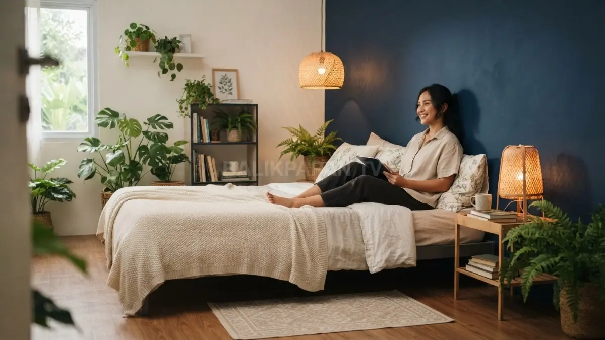 Kamar bernuansa Midnight Blue menghadirkan dinding biru gelap, tanaman hijau, dan dekorasi botani yang hangat. (BTV/AI)