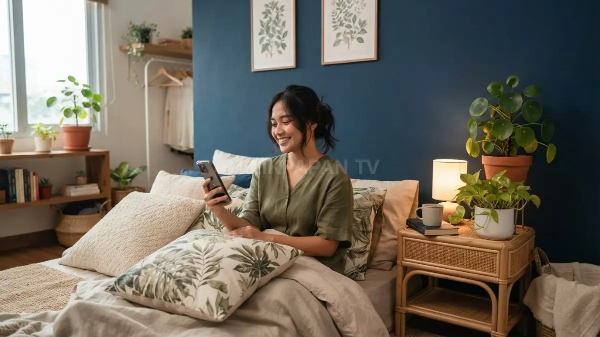 Kamar Midnight Blue Garden memadukan dinding biru gelap, tanaman hijau, dan dekorasi botani untuk suasana (BTV/AI)