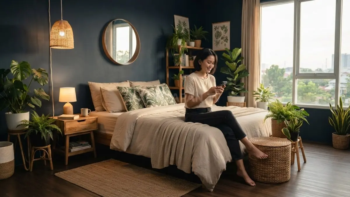 Kamar Midnight Blue Garden memadukan kayu, rotan, linen, dan tanaman hijau untuk suasana alami hangat (BTV/AI)
