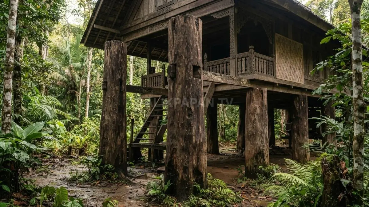 Kolom utama kayu ulin menopang rumah tradisional Kalimantan dengan struktur kokoh dan karakter arsitektur tropis alami. (BTV/AI)