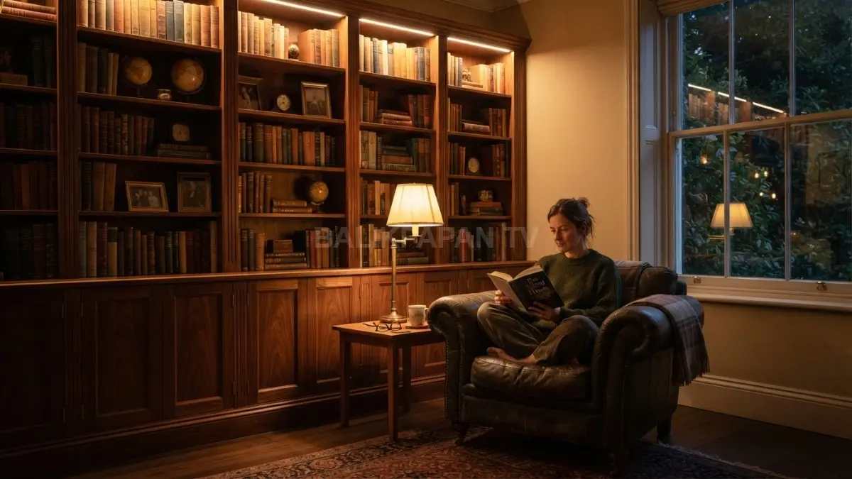 Lampu sorot terintegrasi pada rak buku menonjolkan koleksi dan menciptakan suasana home library klasik hangat. (BTV/AI)