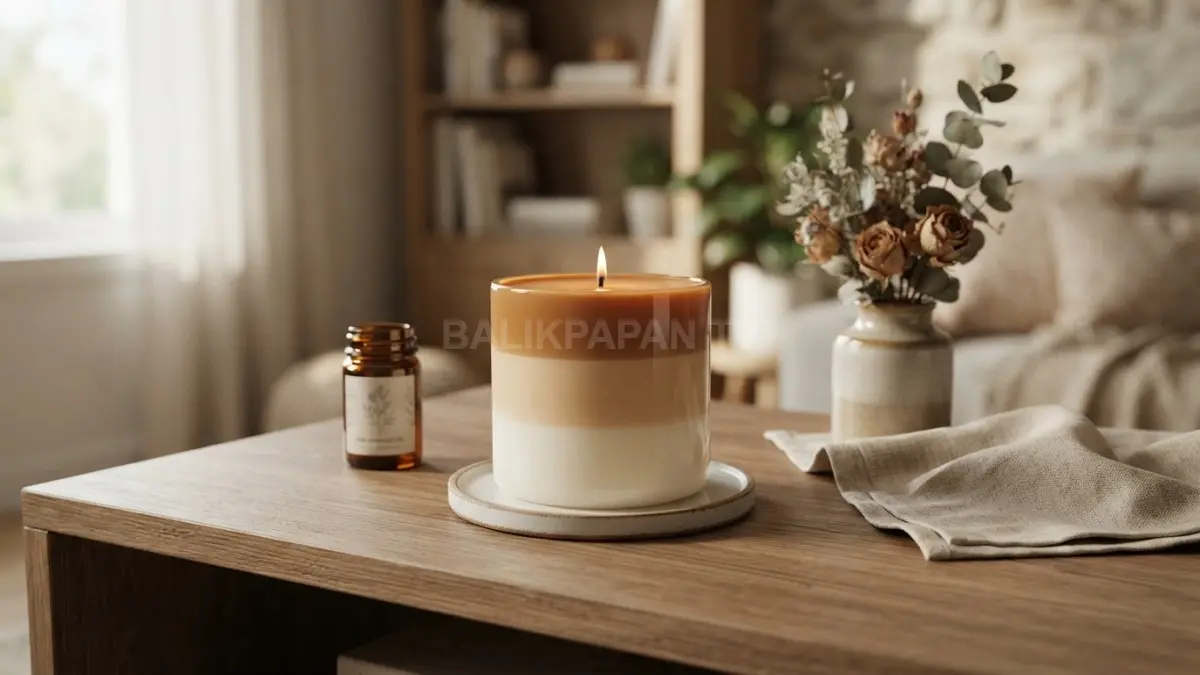 Lilin hias tiga lapisan memadukan warna lembut, permukaan halus, dan aroma untuk mempercantik dekorasi rumah. (BTV/AI)