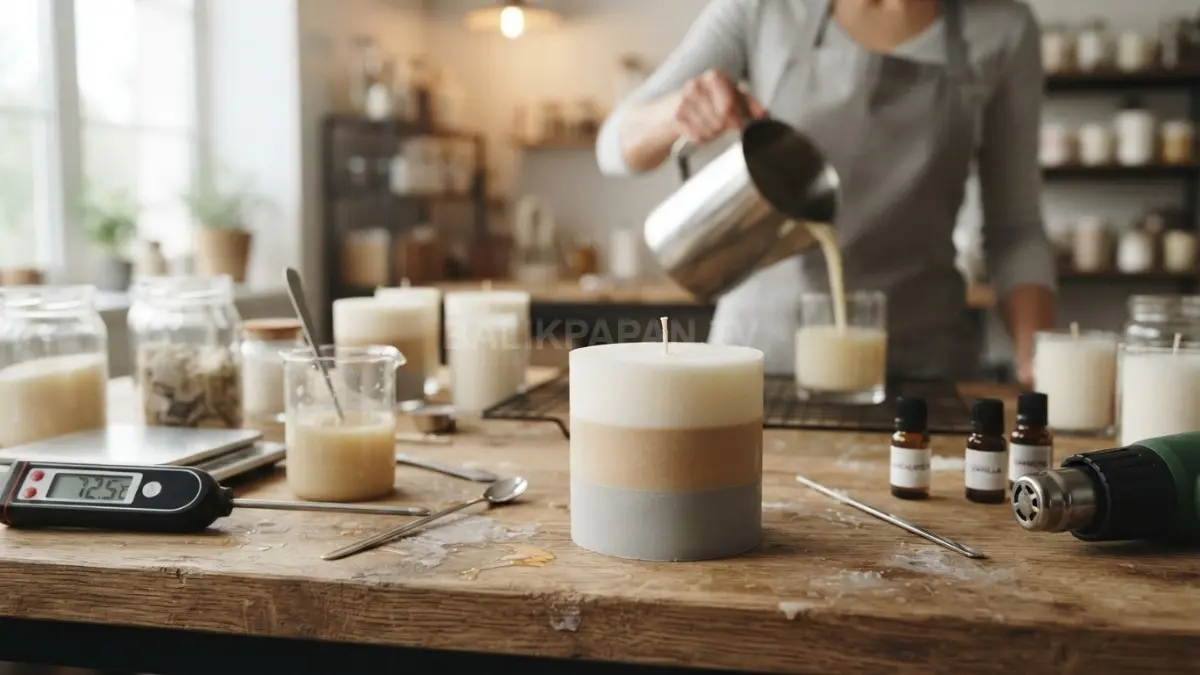 Lilin tiga lapisan membutuhkan suhu konsisten, pemilihan wax tepat, dan curing terkontrol agar permukaan rapi. (BTV/AI)
