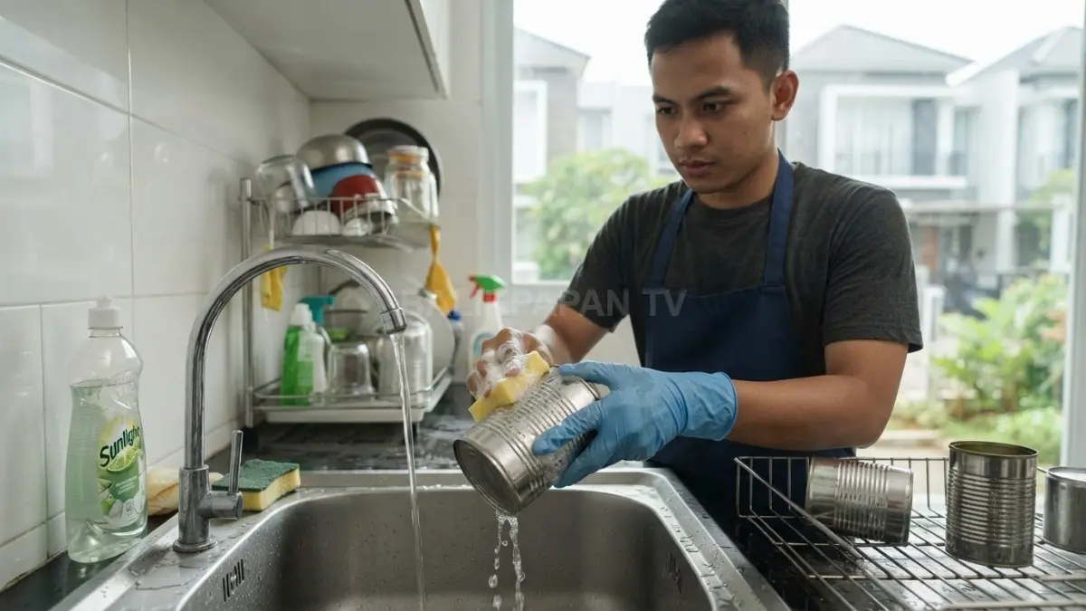 Membersihkan dan mengeringkan kaleng memastikan permukaannya aman sebelum diubah menjadi pot tanaman DIY (BTV/AI).
