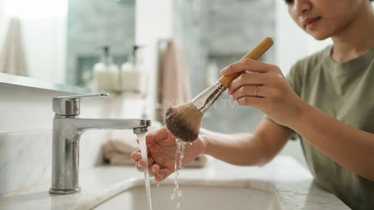 Membersihkan kuas makeup dengan tepat menjaga bulu tetap lembut, higienis, awet, dan nyaman digunakan setiap hari (BTV/AI).