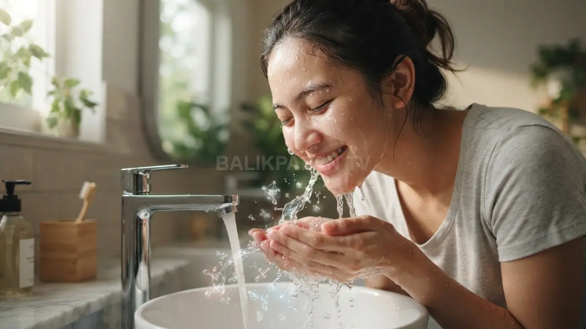 Mencuci wajah dengan air bersih mengalir untuk menjaga kesegaran dan kesehatan kulit setiap pagi. (BTV/Ai)