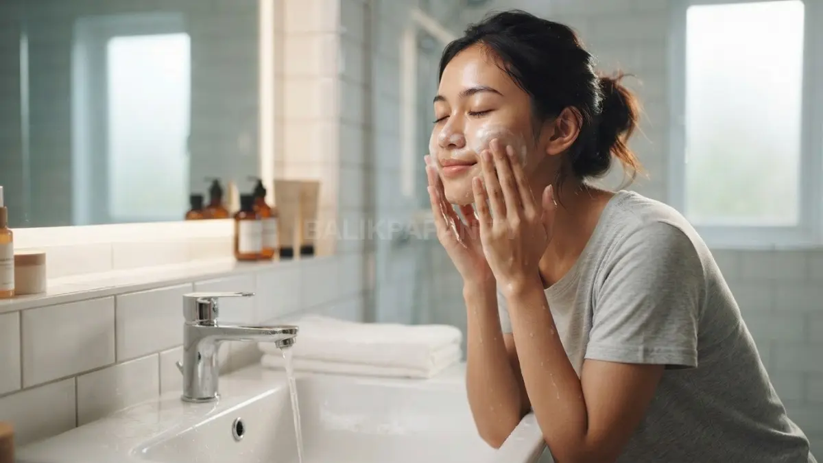 Mencuci wajah lembut dua kali sehari membantu mengontrol minyak sekaligus menjaga kelembapan alami kulit tetap terjaga. (BTV/AI)