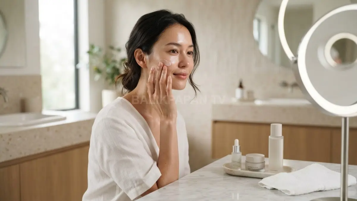 Momen perawatan wajah tenang dengan produk lembut untuk menjaga kelembapan dan kesehatan kulit alami. (BTV/Ai)