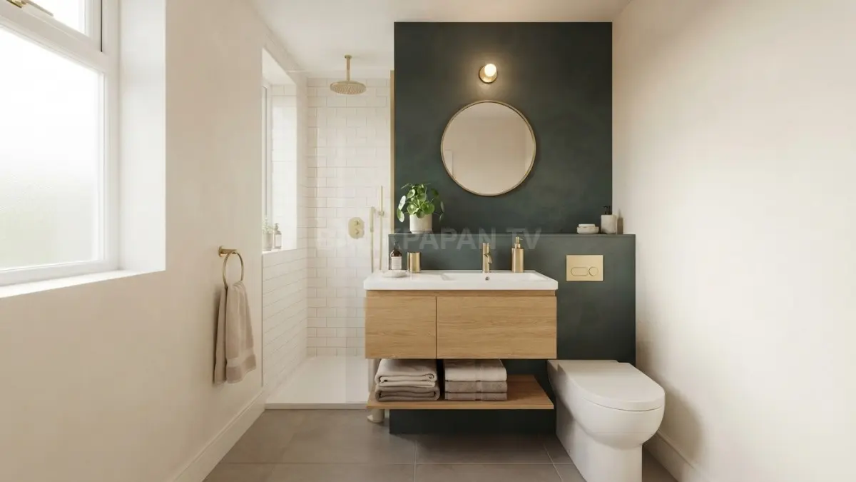 Palet warna tenang dan konsisten membuat kamar mandi kecil terasa lebih lapang, bersih, elegan dan mewah. (BTV/AI)

