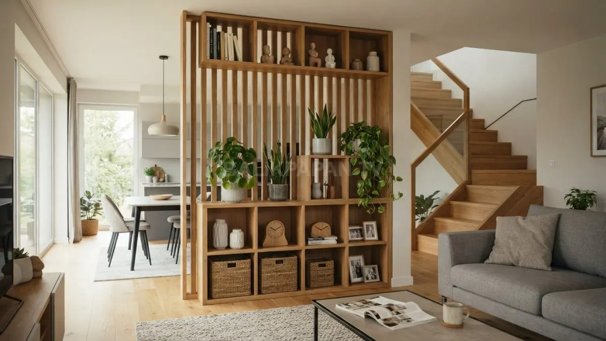 Partisi kayu minimalis modern memadukan kisi vertikal dan rak display untuk membagi ruang sekaligus mempercantik interior rumah (BTV/AI)