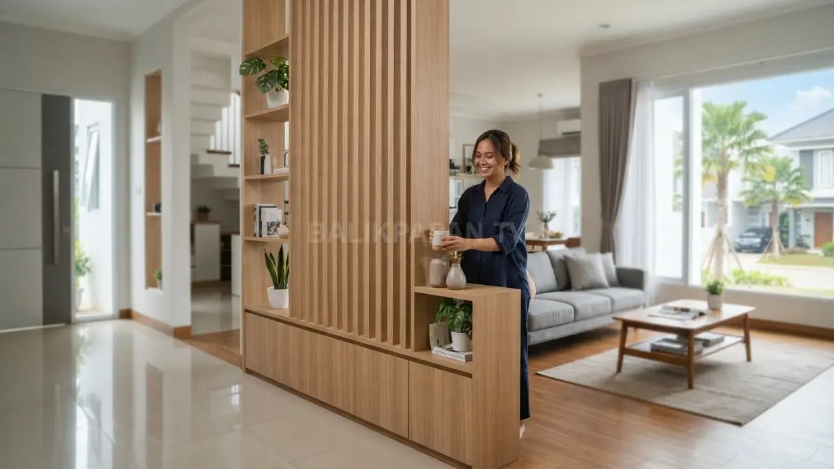 Partisi kayu setengah tinggi membatasi area masuk rumah, mempertahankan cahaya, privasi, dan kesan ruang tetap lega (BTV/AI)