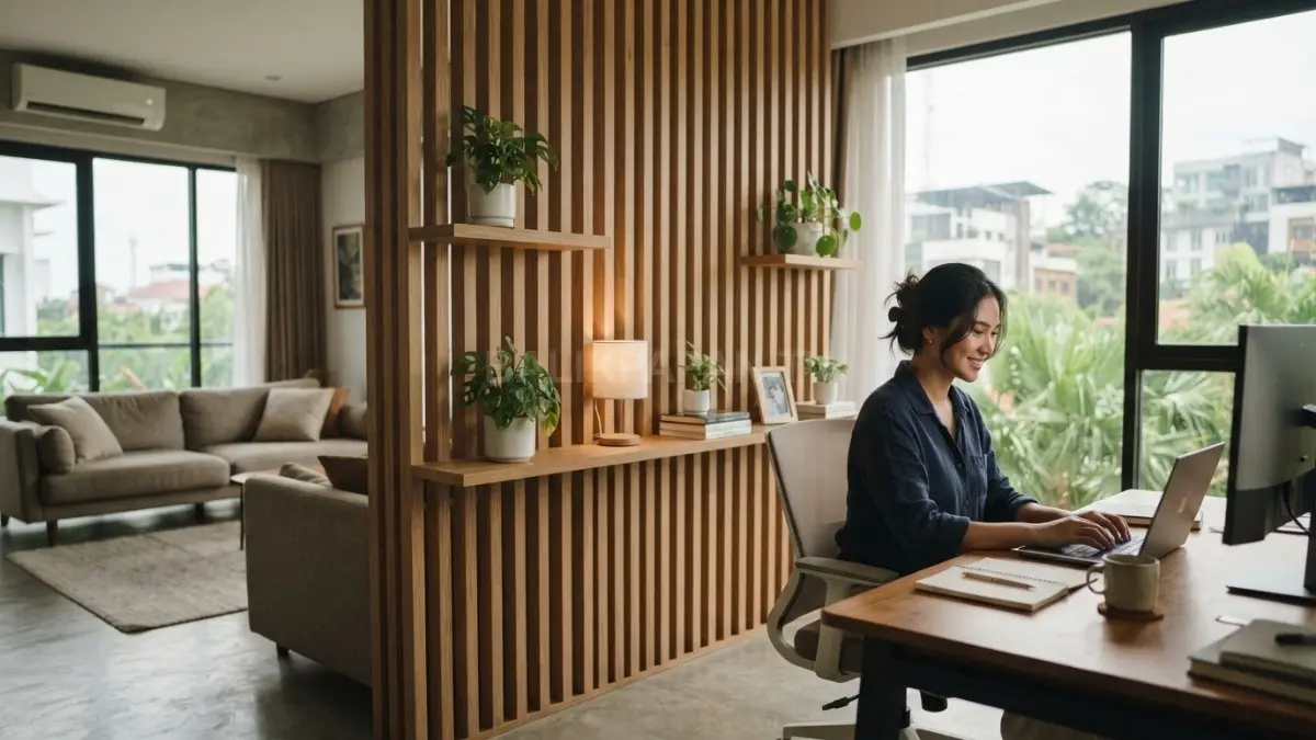 Partisi kisi kayu membingkai area kerja, menjaga privasi, pencahayaan, serta menciptakan zona fungsional tanpa terasa sempit (BTV/AI)