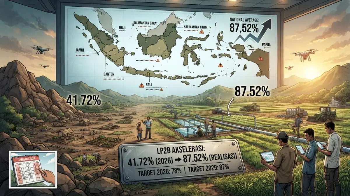 Pemerintah mencatat capaian LP2B nasional 87,52 persen, melampaui target perlindungan sawah 2026 dan 2029. [BTV:AI]