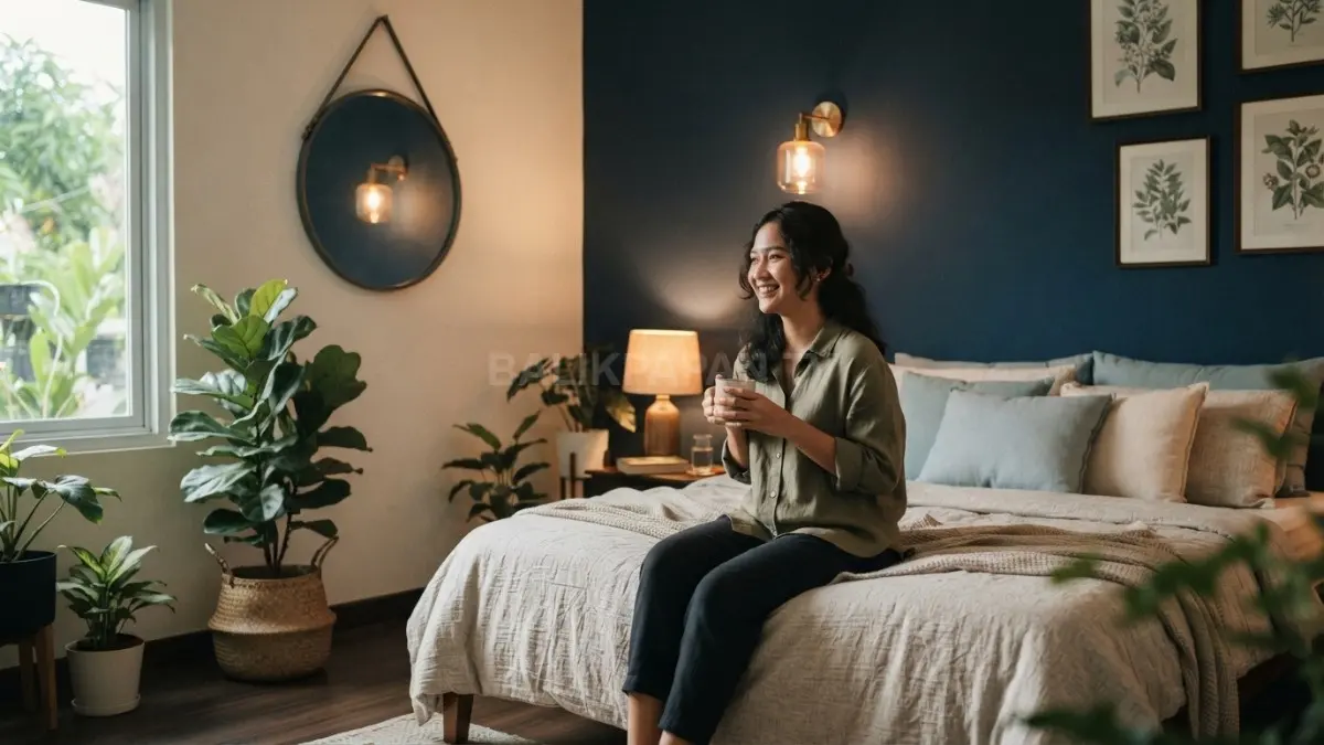 Pencahayaan hangat menonjolkan dinding midnight blue, tanaman hijau, dan dekorasi botani dalam kamar. (BTV/AI)