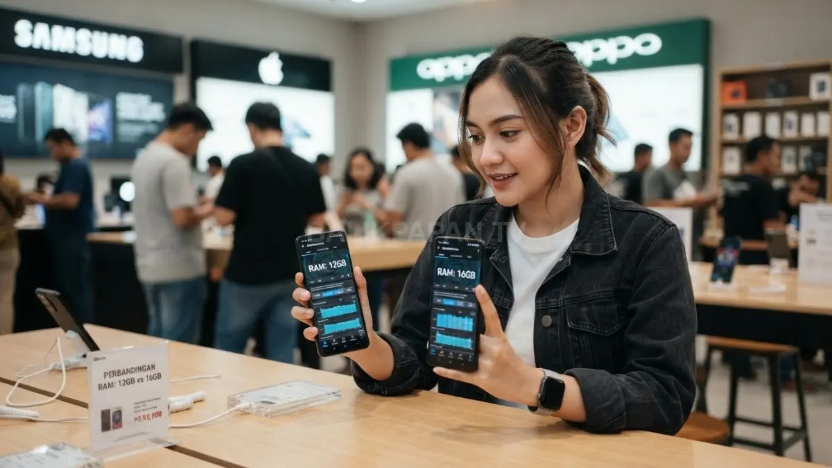 Perbandingan RAM 12GB dan 16GB membantu pengguna memahami kapasitas memori smartphone modern secara praktis (BTV/AI).
