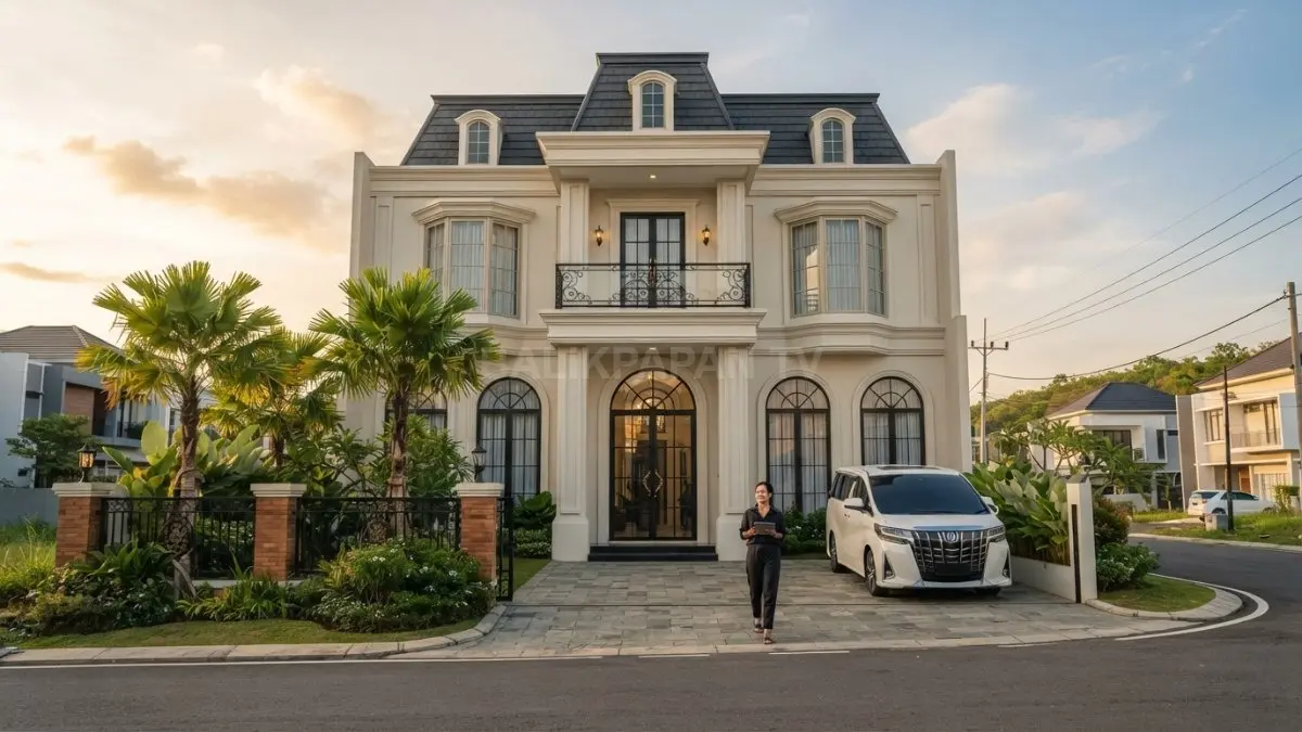Pintu lengkung dan jendela tinggi memperkuat karakter fasad French Neoclassical dengan sentuhan modern elegan (BTV/AI)