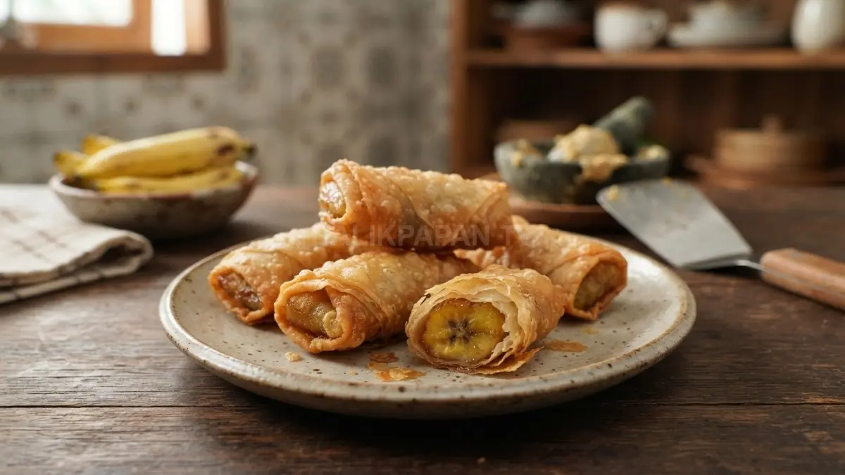 Pisang molen dua lapis berkulit tipis tampak keemasan, renyah, dengan isian pisang lembut manis menggugah selera. (BTV/AI)