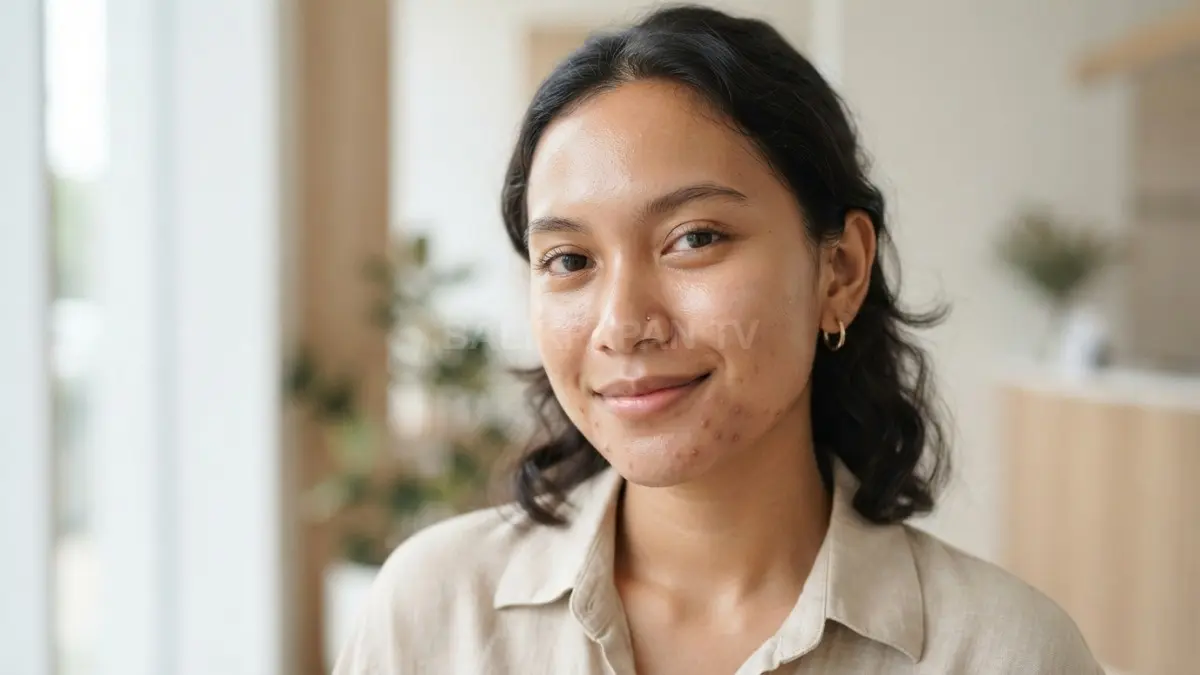 Potret edukatif menampilkan tekstur kulit alami wanita dengan kemunculan jerawat ringan yang tetap sehat. (BTV/Ai)
