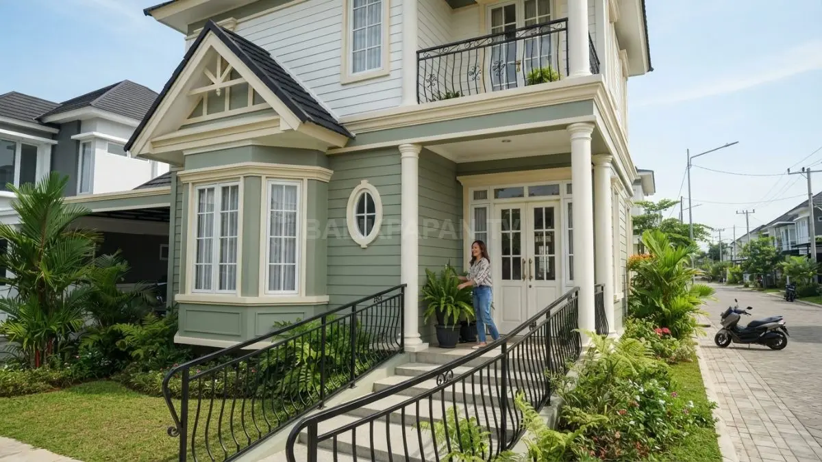 Railing hitam bermotif lengkung sederhana memperkuat karakter Victorian pada fasad sage green elegan. (BTV/AI)