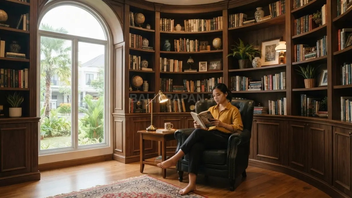 Rak buku custom memenuhi dinding hingga plafon, menghadirkan nuansa klasik elegan dengan dekorasi vintage. (BTV/AI)