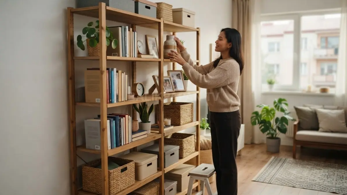 Rak setinggi 1,8 meter menata buku, kotak, dan dekorasi secara vertikal agar ruang kecil tetap rapi dan lega. (BTV/AI)