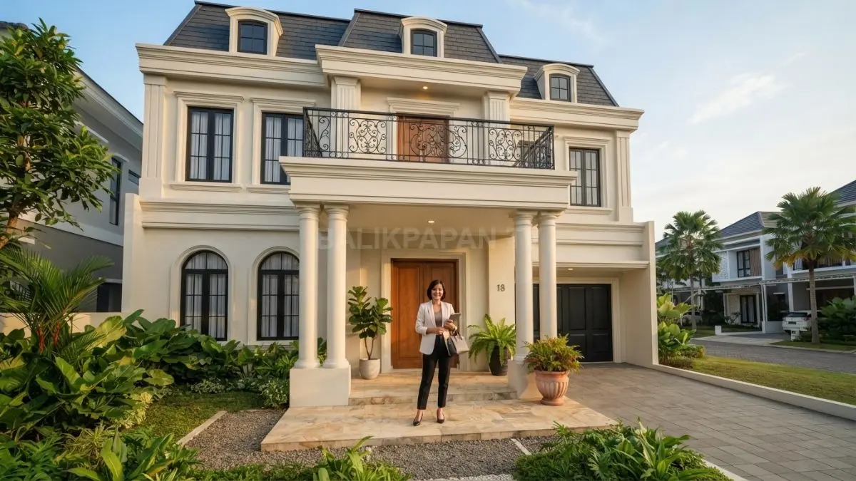 Rumah French Neoclassical menampilkan pilar klasik minimalis, fasad simetris, dan detail elegan yang tetap modern. (BTV/AI)