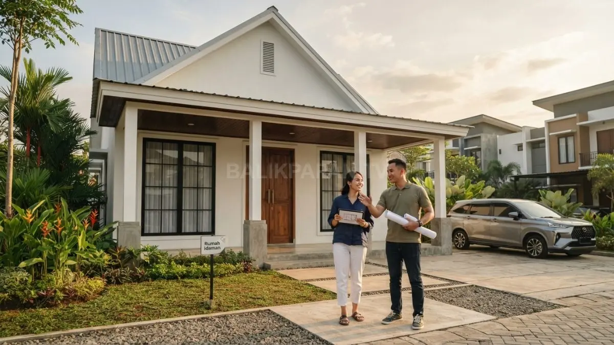 Rumah Modern Farmhouse Cottage dengan fasad putih, atap pelana abu-abu, teras luas, dan aksen hitam. (BTV/AI)