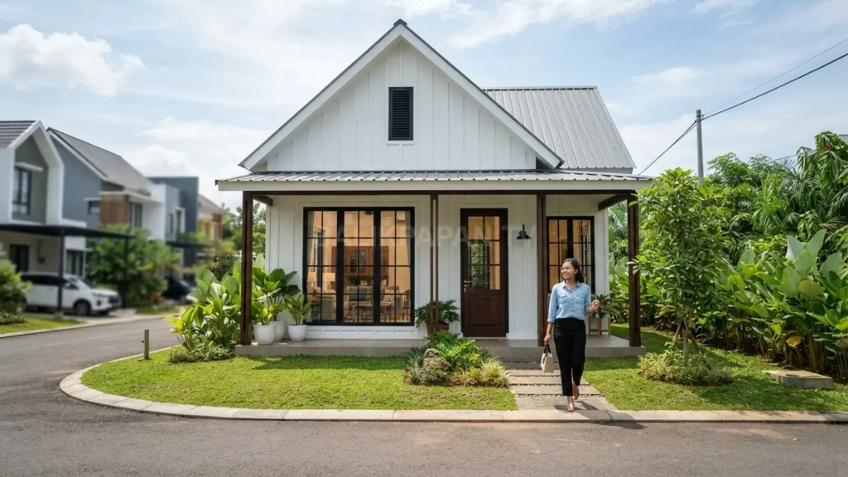 Rumah Modern Farmhouse Cottage kompak dengan fasad putih, atap pelana, teras luas, dan jendela grid. (BTV/AI)