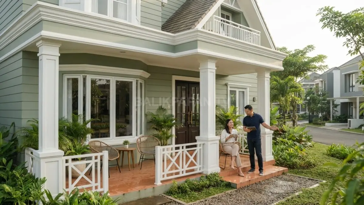 Rumah Modern Victorian menampilkan teras berpilar krem, railing putih, dan detail klasik elegan pada fasad sage green (BTV/AI)