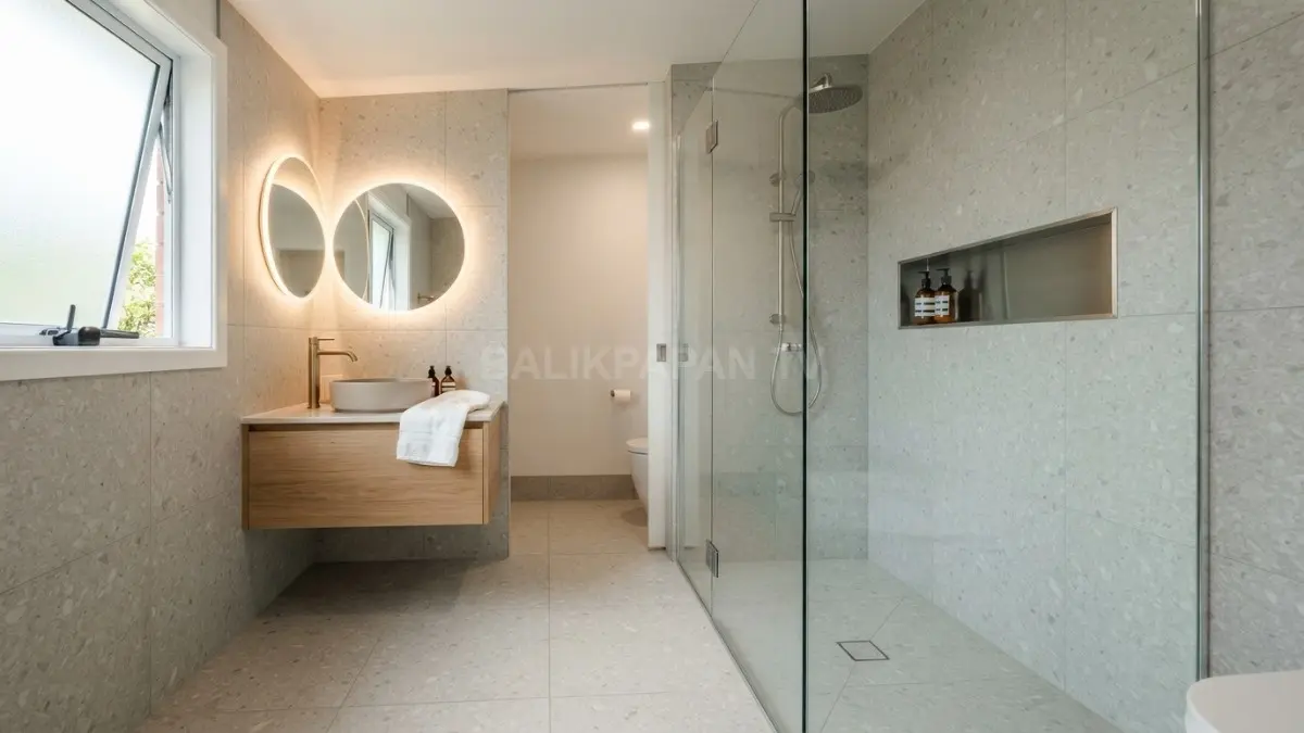 Shower kaca transparan, warna konsisten, nat bersih, dan ventilasi baik membuat kamar mandi kecil terasa mewah. (BTV/AI)
