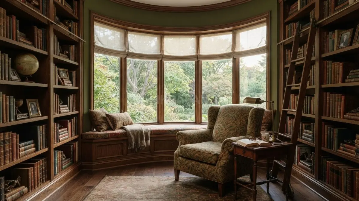 Sudut membaca klasik dekat bow window dengan kursi bermotif daun, rak buku, dan cahaya alami lembut (BTV/AI)