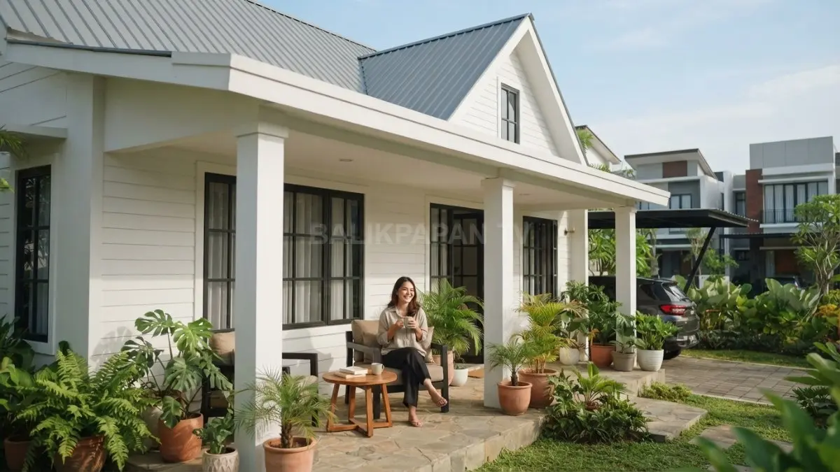 Teras luas berpilar putih menghadirkan area bersantai hangat dengan bangku kayu dan tanaman hijau. (BTV/AI)