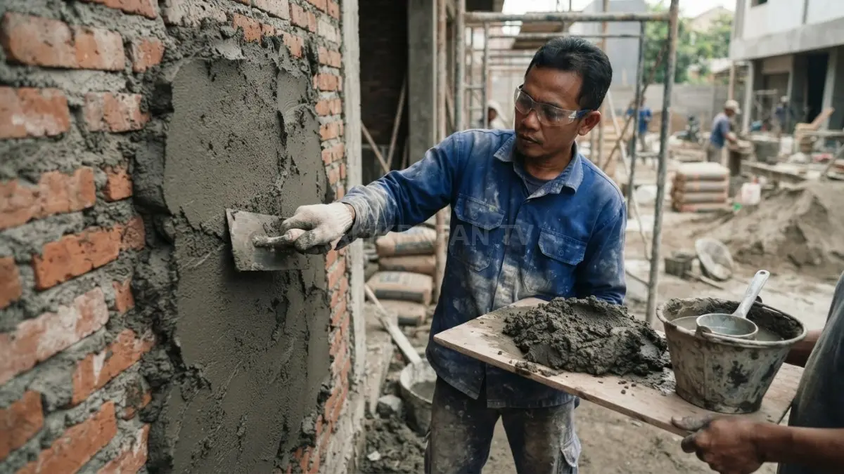Adukan semen pasir 1:6 hemat material, namun air berlebih melemahkan mortar dan mengganggu kualitas dinding luar. (BTV/AI)