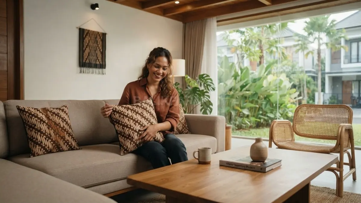 Aksen batik dan kain tradisional memperkuat nuansa Nusantara pada interior rumah modern tanpa membuat ruangan terasa berlebihan (BTV/AI)