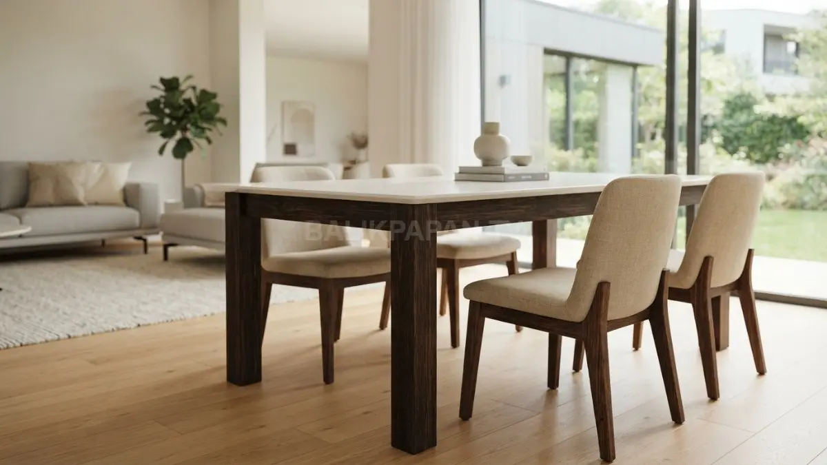 Aksen ulin pada kaki dan bingkai berpadu warna terang, menciptakan furnitur modern, ringan, dan tetap tradisional. (BTV/AI)