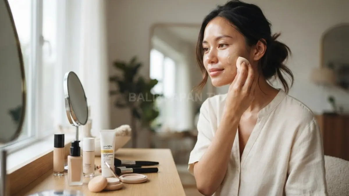 Alas bedak tipis, skincare tepat, dan teknik touch-up menjaga riasan siang tetap nyaman untuk kulit berkeringat. (BTV/AI)
