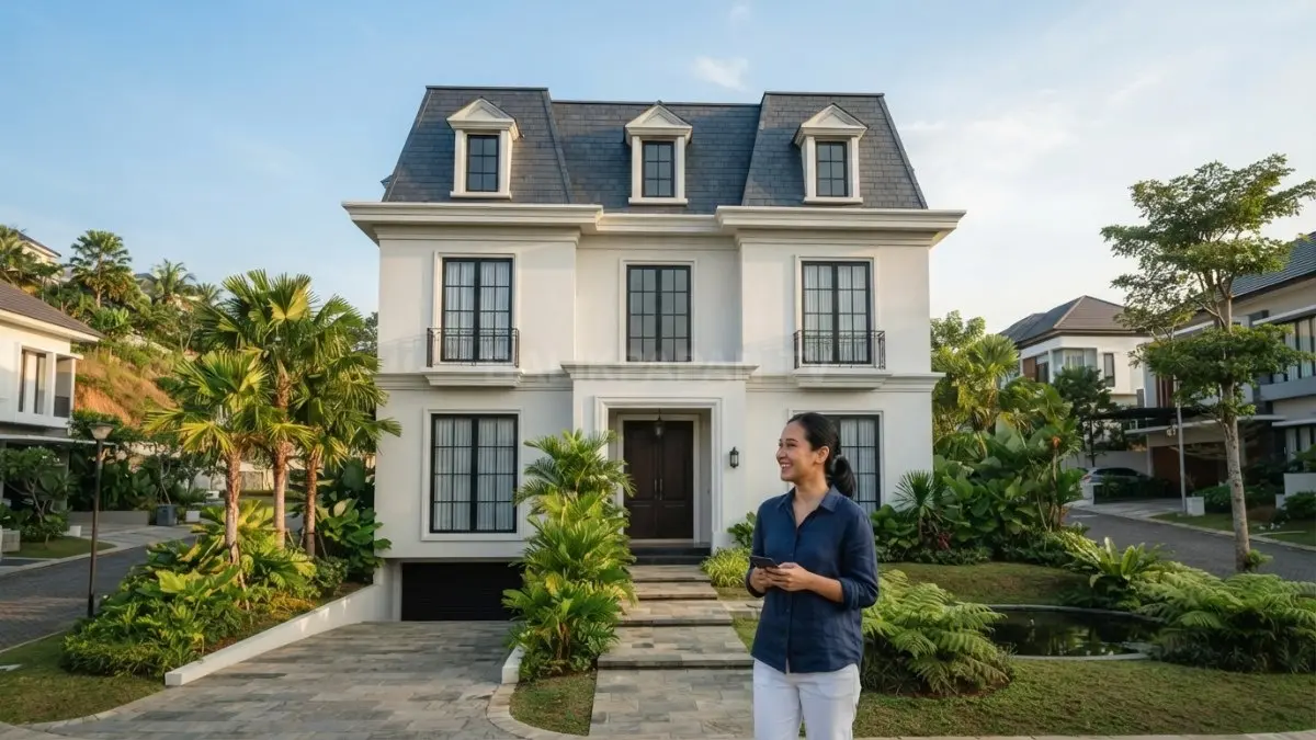 Atap mansard tinggi memperkuat karakter Modern French Provincial, dipadukan dormer dan fasad simetris elegan (BTV/AI)