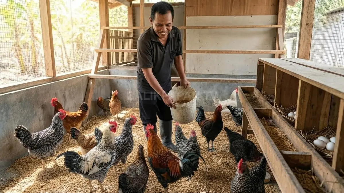 Ayam kampung betina di area kandang menjadi ilustrasi faktor pemeliharaan yang dapat memengaruhi produksi telur. 

