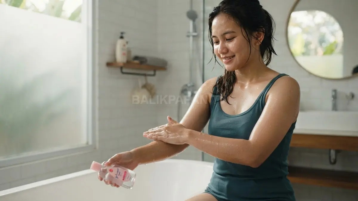 Baby oil membantu mengunci kelembapan kulit dewasa dengan memperlambat penguapan air dari permukaan kulit (BTV/AI)
