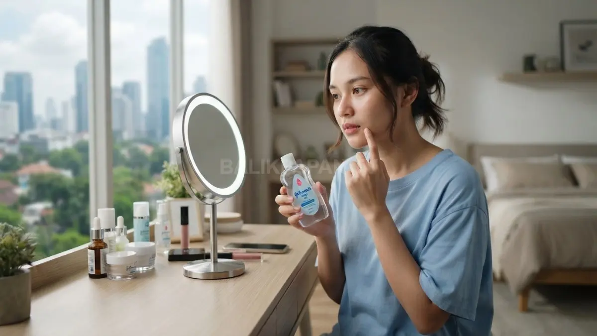 Baby oil untuk wajah perlu lebih hati-hati, terutama bagi kulit dewasa yang mudah berjerawat (BTV/AI).
