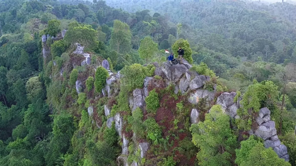 Batu Dinding di Bukit Merdeka, Samboja Barat, Kutai Kartanegara, Kalimantan Timur, dengan formasi batuan memanjang di tengah kawasan hutan.