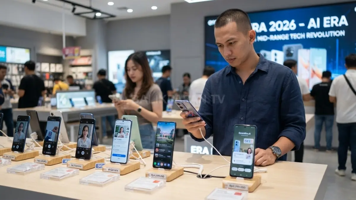 Deretan smartphone kelas Rp3 jutaan dengan fitur AI kini mencerminkan persaingan teknologi kelas menengah 2026. (BTV/AI)
