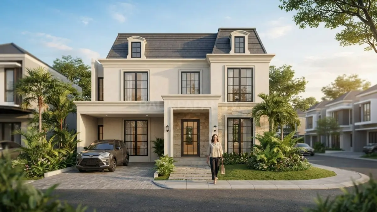 Dinding putih bertekstur memperkuat karakter Modern French Provincial, menciptakan fasad elegan tanpa terlihat monoton. (BTV/AI)