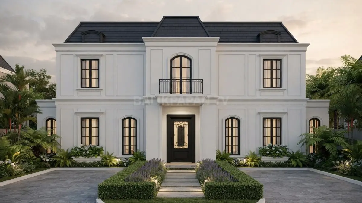 Fasad French Neoclassical simetris dengan molding tipis menghadirkan kesan elegan, modern, dan proporsional. (BTV/AI)