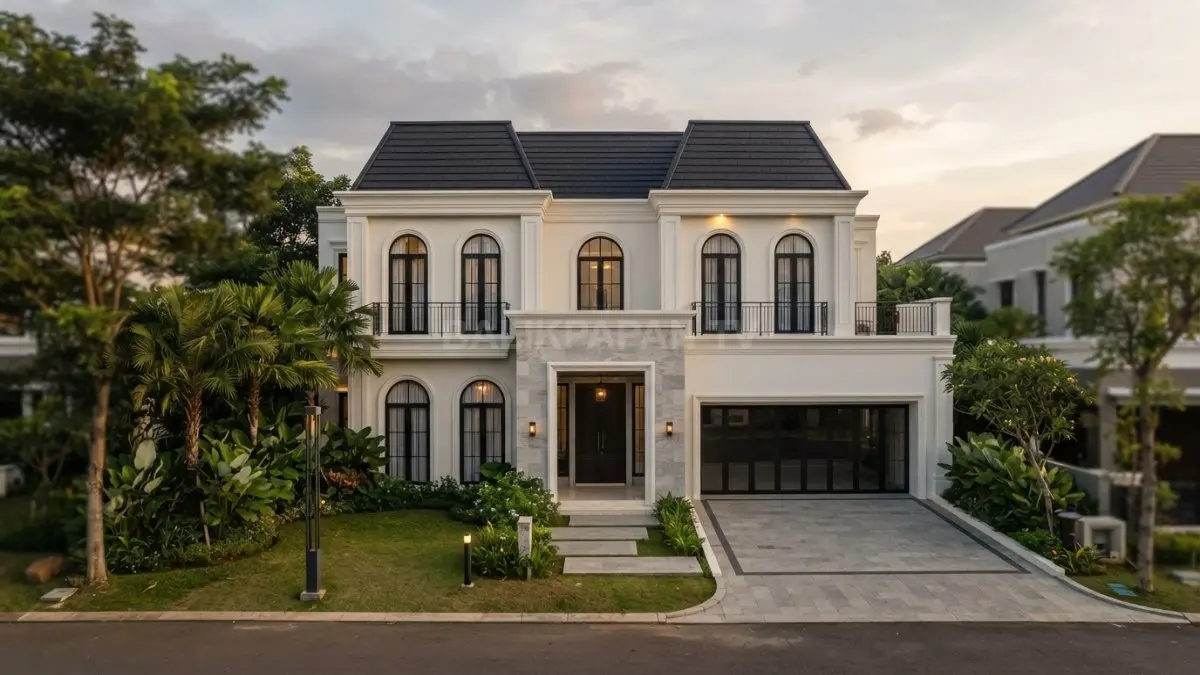 Fasad Modern Classic French Neoclassical tampil elegan dengan palet putih, abu-abu, dan hitam yang tegas. (BTV/AI)