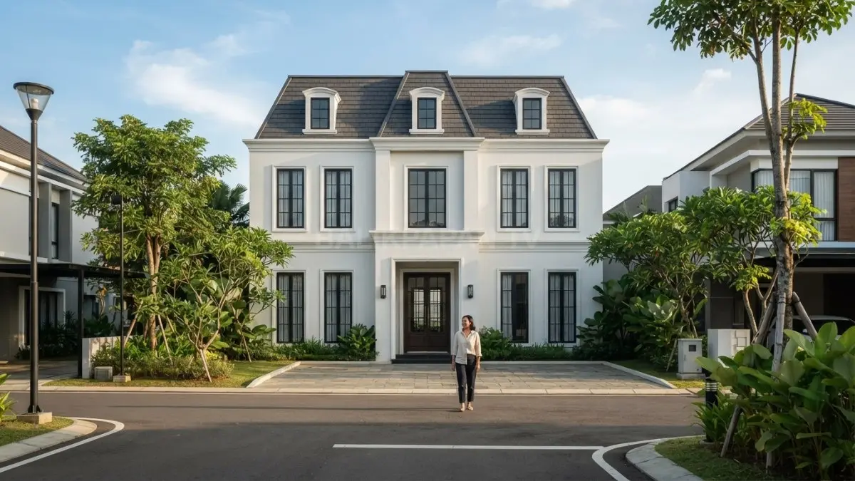 Fasad simetris Modern French Provincial menampilkan mansard, dormer, dinding putih, dan jendela besar berpola petak (BTV/AI)