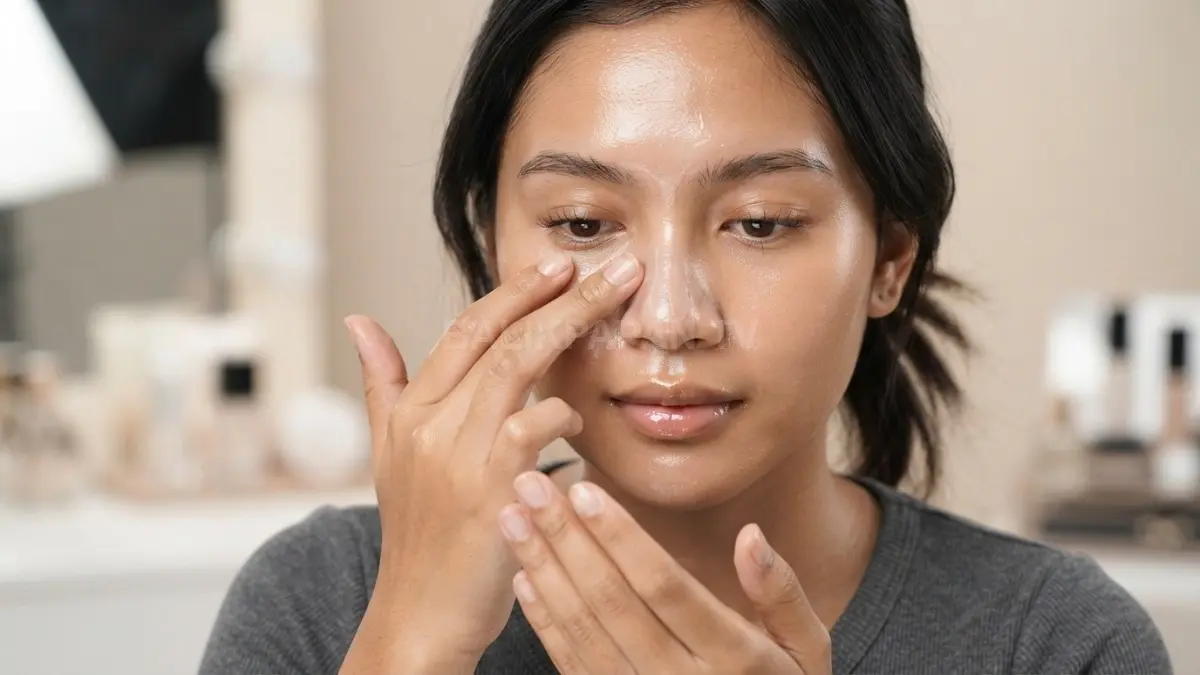 Foto beauty editorial realistis menampilkan perempuan mengaplikasikan primer tipis pada T-zone, kulit berminyak sehat natural (BTV/Ai)